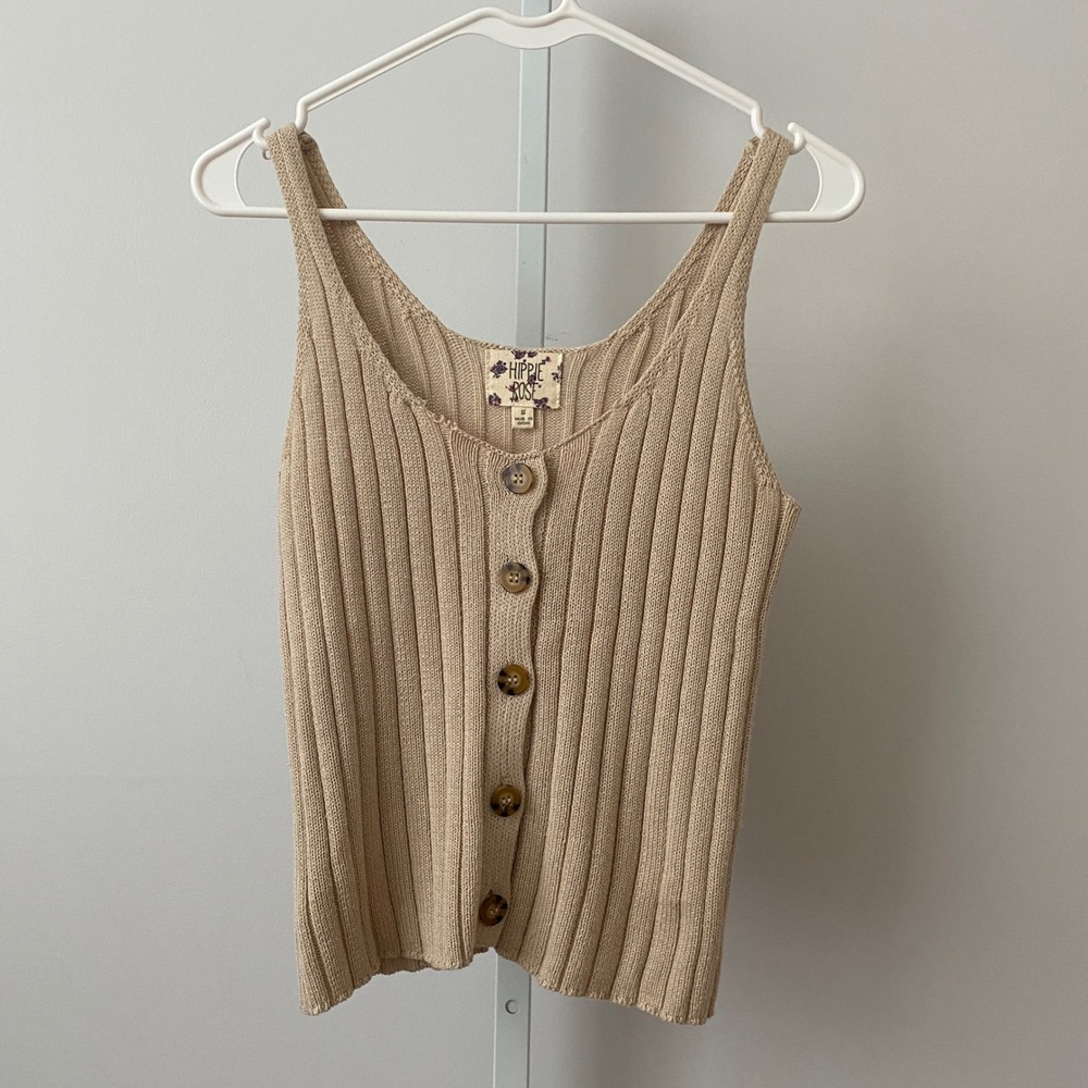 Hippie Rose Cotton Boho Coastal Relaxed Ribbed Button Tank Small Beige